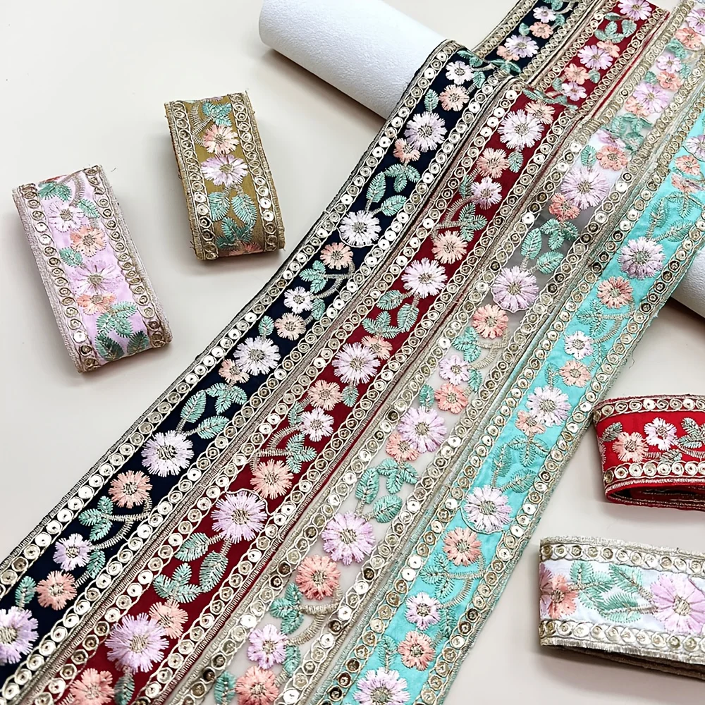 1 yard colored ethnic style embroidered flower sequined lace is used for the decorative edge of luggage and clothing.