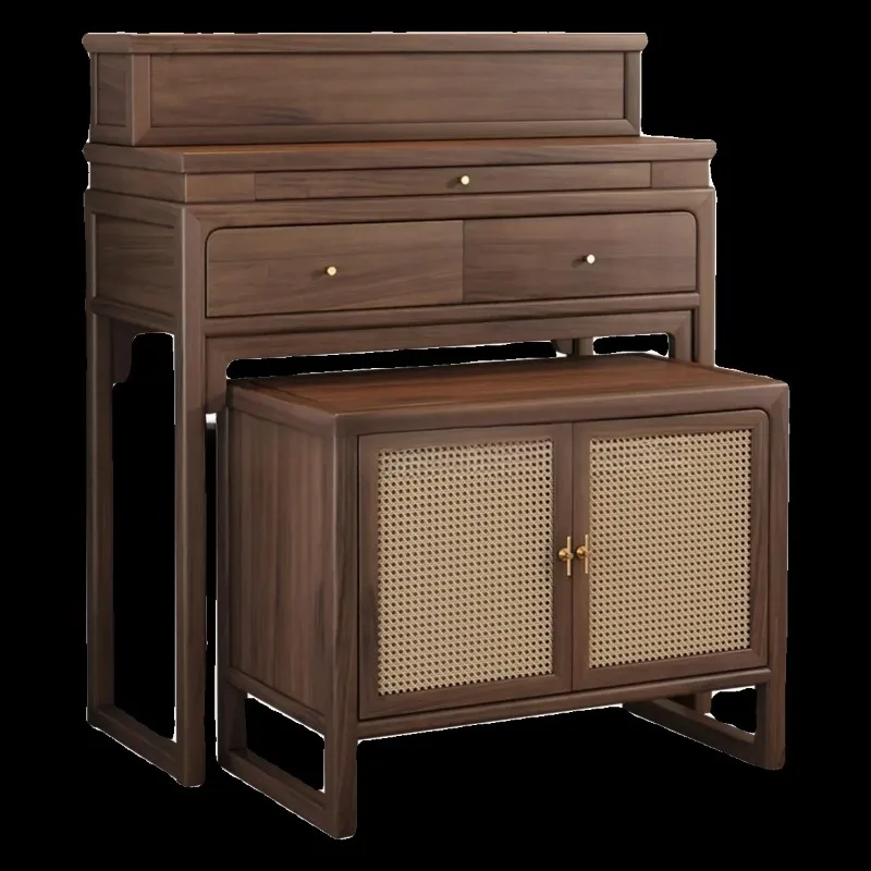 F-1 1black Walnut New Chinese Cabinet Double-step Buddhist Platform Rattan-woven Shrine