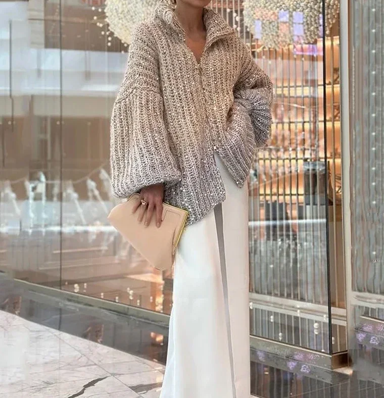 Party Loose Top Women 2024 Autumn Winter Elegant Small Fragrant Wind Comfortable Sequin V-Neck Long Sleeve Versatile Sweater