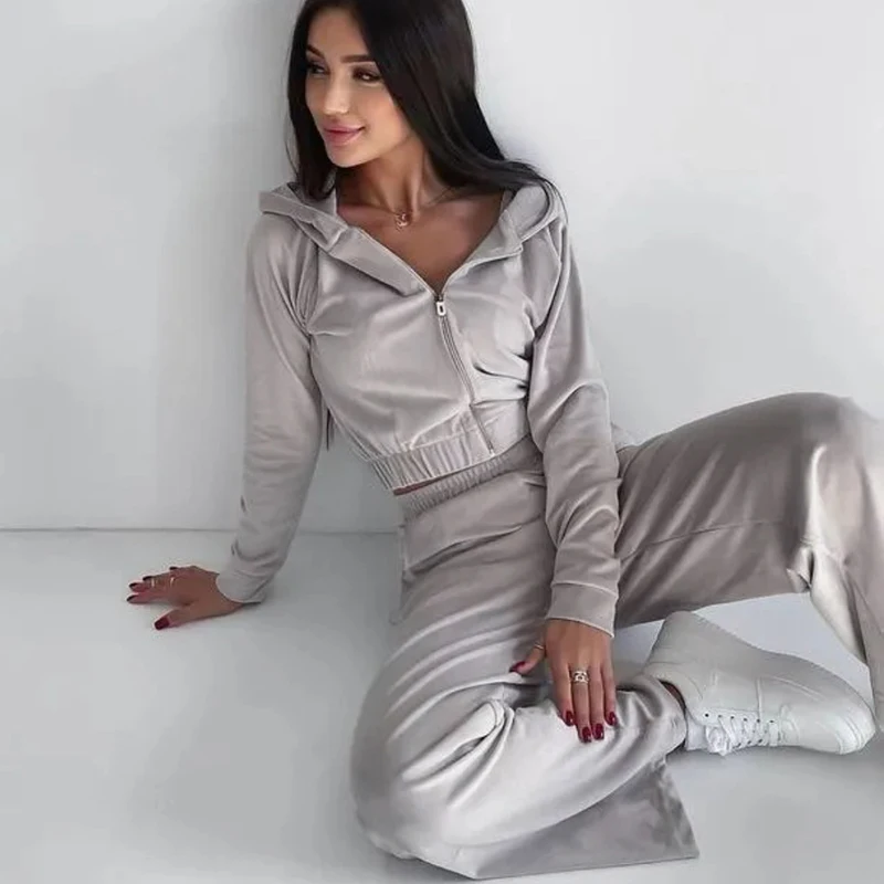 Bluza Spodnie Zestaw Kobiety Aksamitny Sport Rekreacyjny Polarowy Kombinezon Damski Dres Jogging Dwuczęściowy Zestaw Strój Crop Top Welurowe