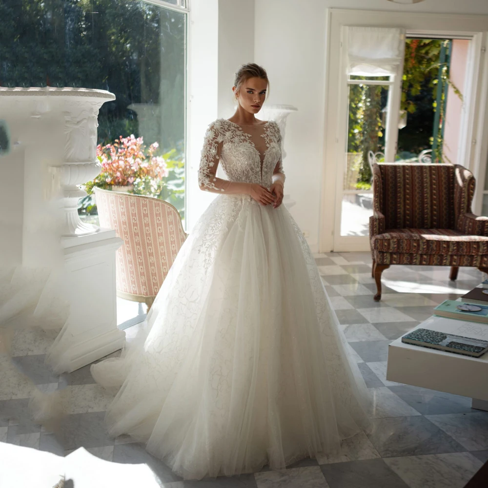 

Applique Wedding Dresses Long Sleeve A-Line Shiny Bride Gowns For Women O-Neck Backless Elegant vestidos de novia Customized