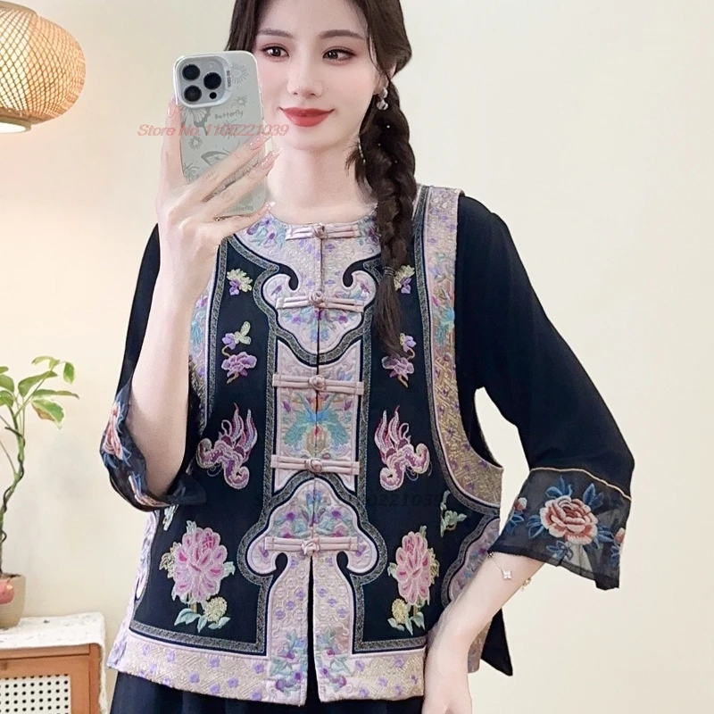 

2025 chinese vintage vest traditional o-neck satin jacquard folk vest national flower embroidery sleeveless jacket hanfu tops