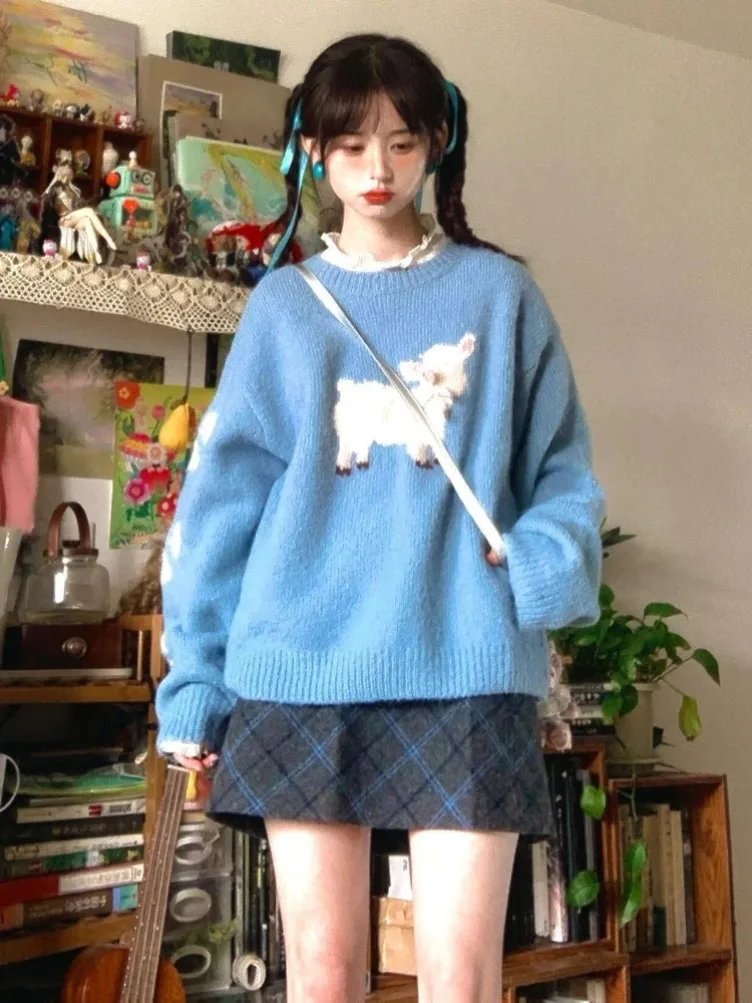 New Sweet Cute Sweaters Bow Cartoon Jacquard Contrast Color O Neck Long Sleeve Pullovers Preppy Style All Match  Women Clothing