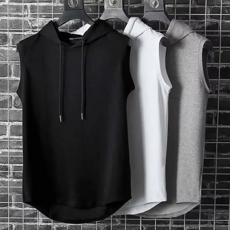 

Men's Tie Collar Hooded Sleeveless Vest Men's Summer Loose Solid Hip Hop Running T-Shirt Top