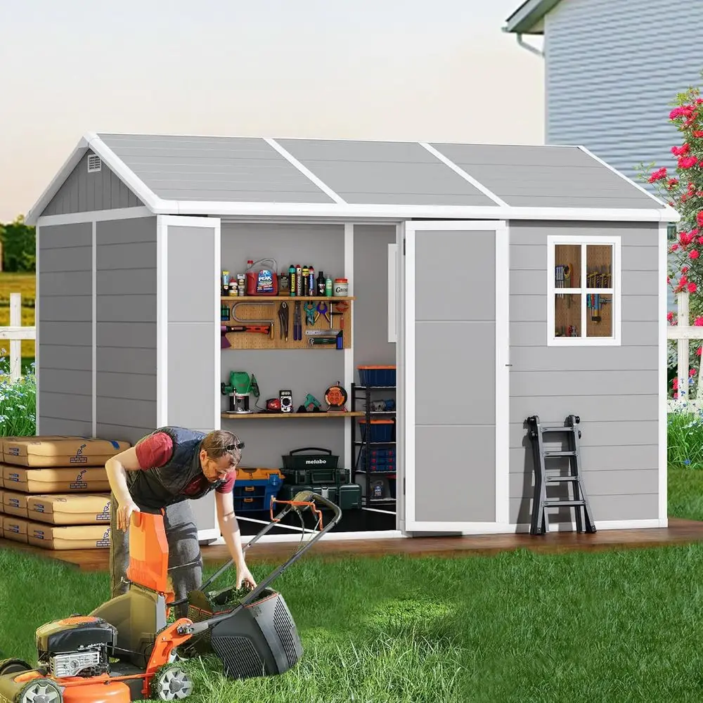 

Gray Weather-Resistant Outdoor Storage Shed with Floor, Windows, Lockable Door, and Vents for Lawn, Garden, and Backyard