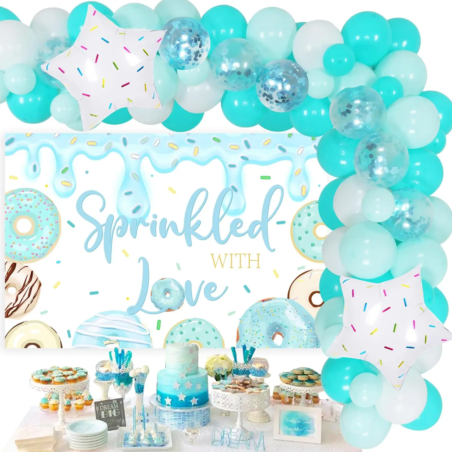 

Funmemoir Blue Donut Baby Shower Decorations Sprinkled with Love Backdrop Baby Sprinkle Balloon Garland Kit for Boy Baby Shower