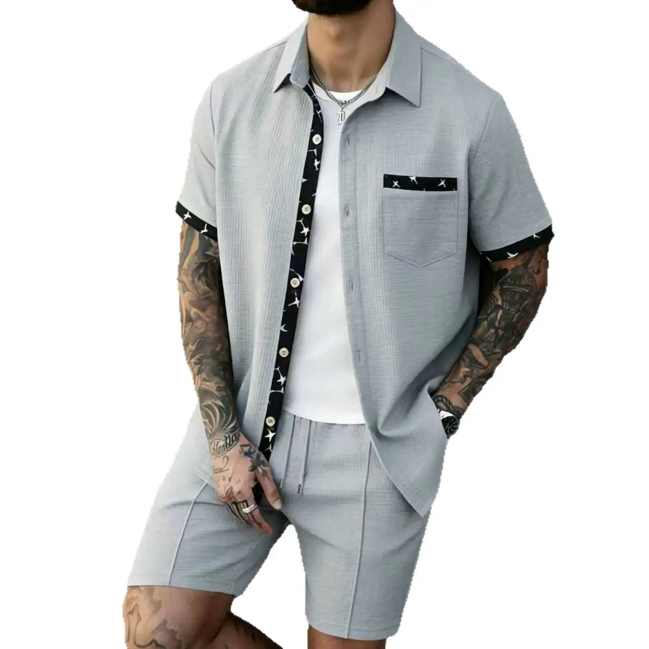 

Casual Summer Fashionable Rock Style Youth Short Sleeve Shirt And Shorts Set Turn-down Collar Trendy Streetwear Ensemble