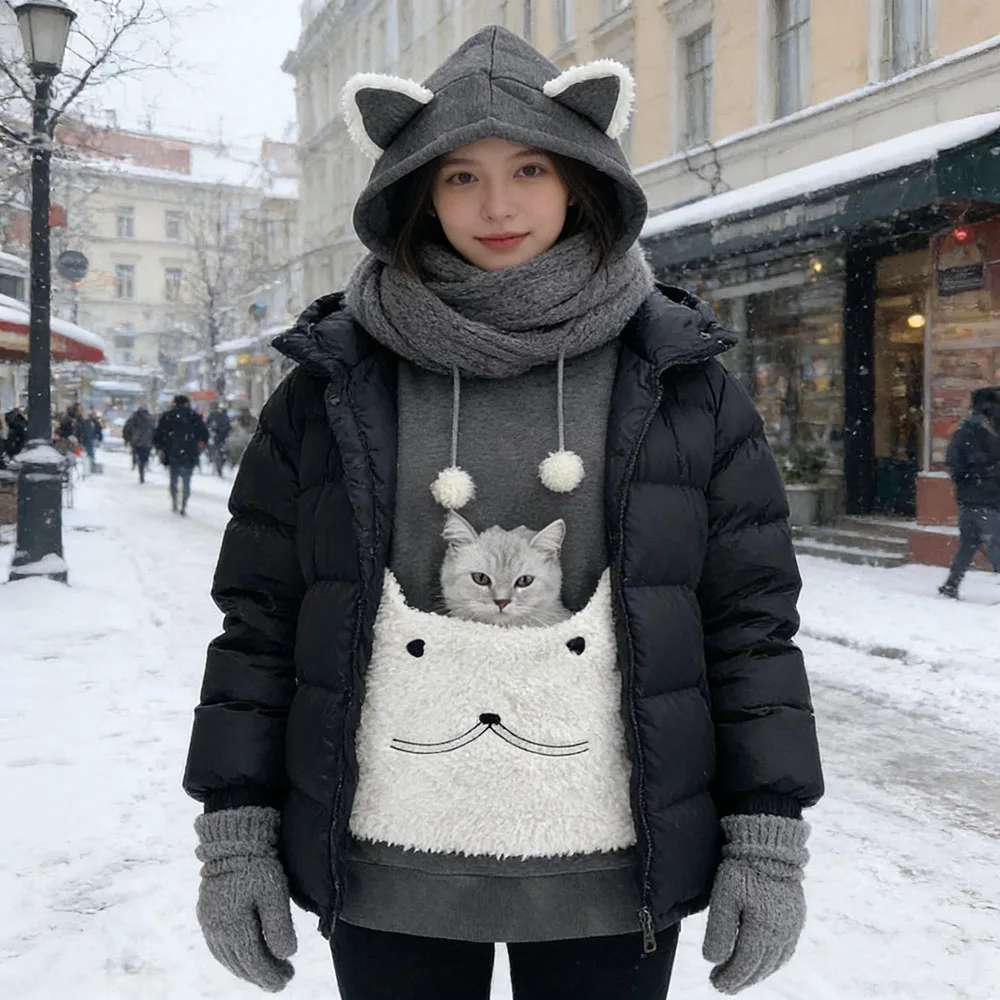 Winter Unisex Streetwear Hoodie Thick Fleece Warm Breathable Pullover With Animal Pouch Pocket For Carrying Small Dog Cat Men