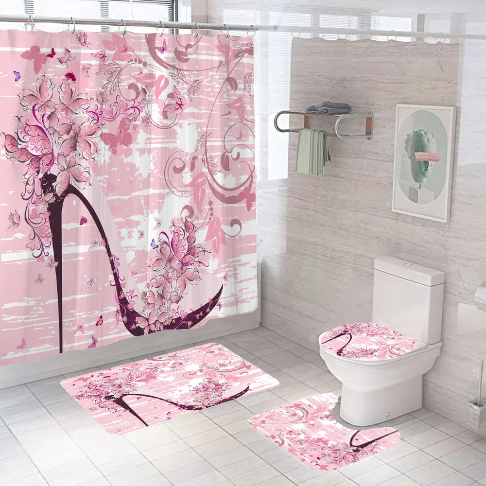 Fashion High Heels Shower Curtains Set Waterproof Polyester Fabric Bathroom Curtain Toilet Lid Cover Bath Mats Non-slip Carpet