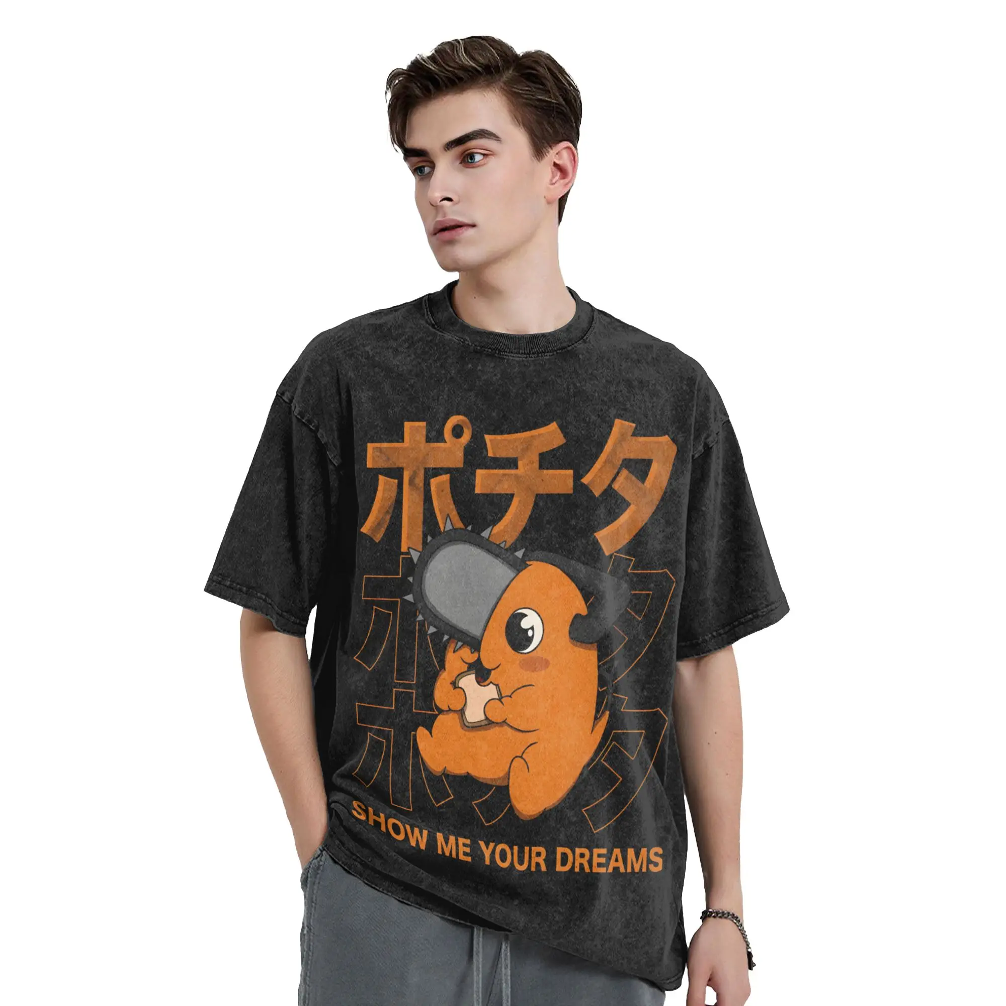 Chainsaws Man Men T Shirts Washed Show me your Dreams  Awesome  Short Sleeve Round Collar T-Shirt Cotton New Arrival Clothes