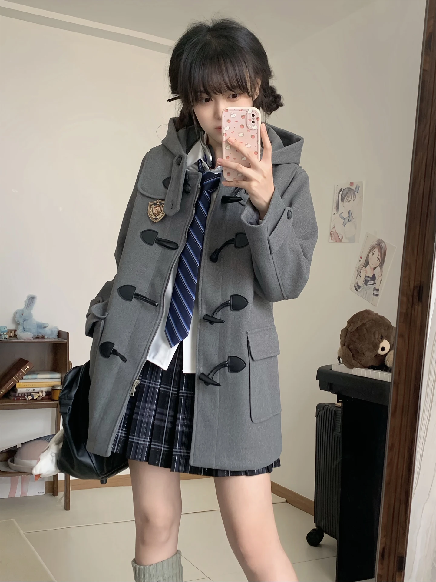 

Tokyo Annual Record JK, осенне-зимнее шерстяное пальто с роговими пуговицами, маленькое женское пальто для колледжа на хлопковой подкладке с капюшоном