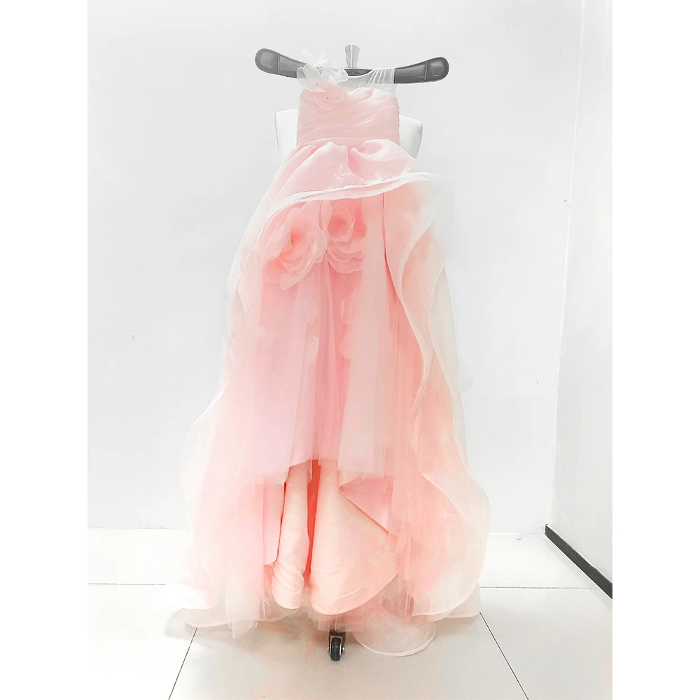 Exquisite Ruched Flowers Girl Dresses Pink O-Neck Floor Length Sweep Train Ball Gowns Wedding Party Pageant Dresses for Girls