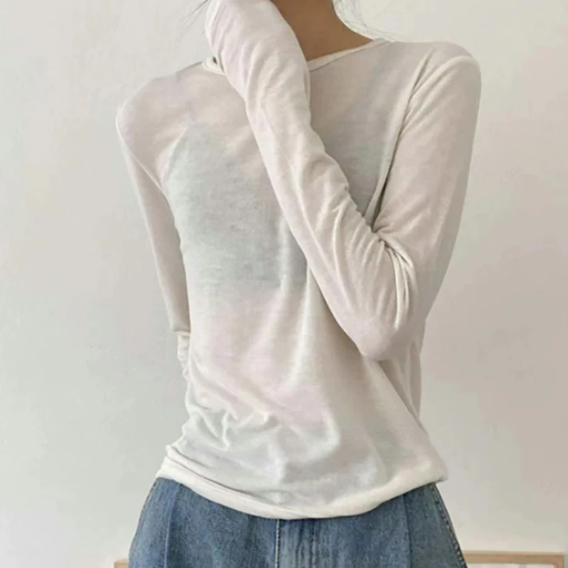 Plain T Shirt Women Elastic Basic T-Shirts Female Casual O-Neck Tops Autumn Long Sleeve Sexy Thin See Through Tee Shirt Femme