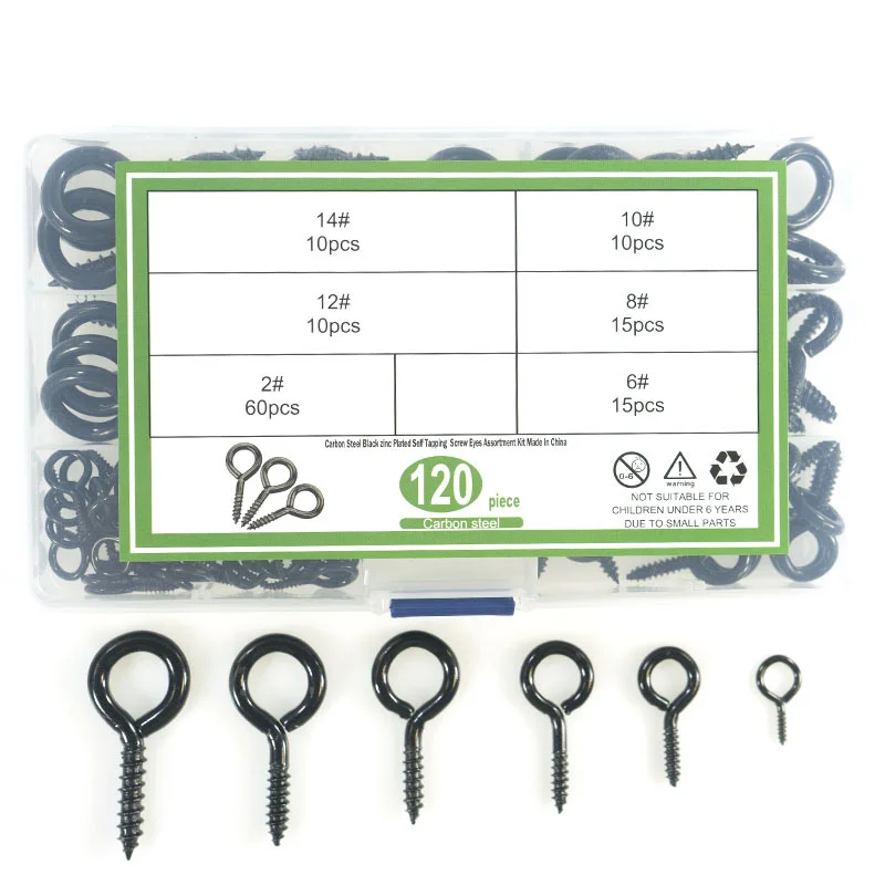 

120Pcs Eye Bolt Self-Tapping Screws Assorted Set - Silver/Gold/Black, Multiple Sizes #2 #6 #8 #10 #12 #14 for Home DIY, Furnitur