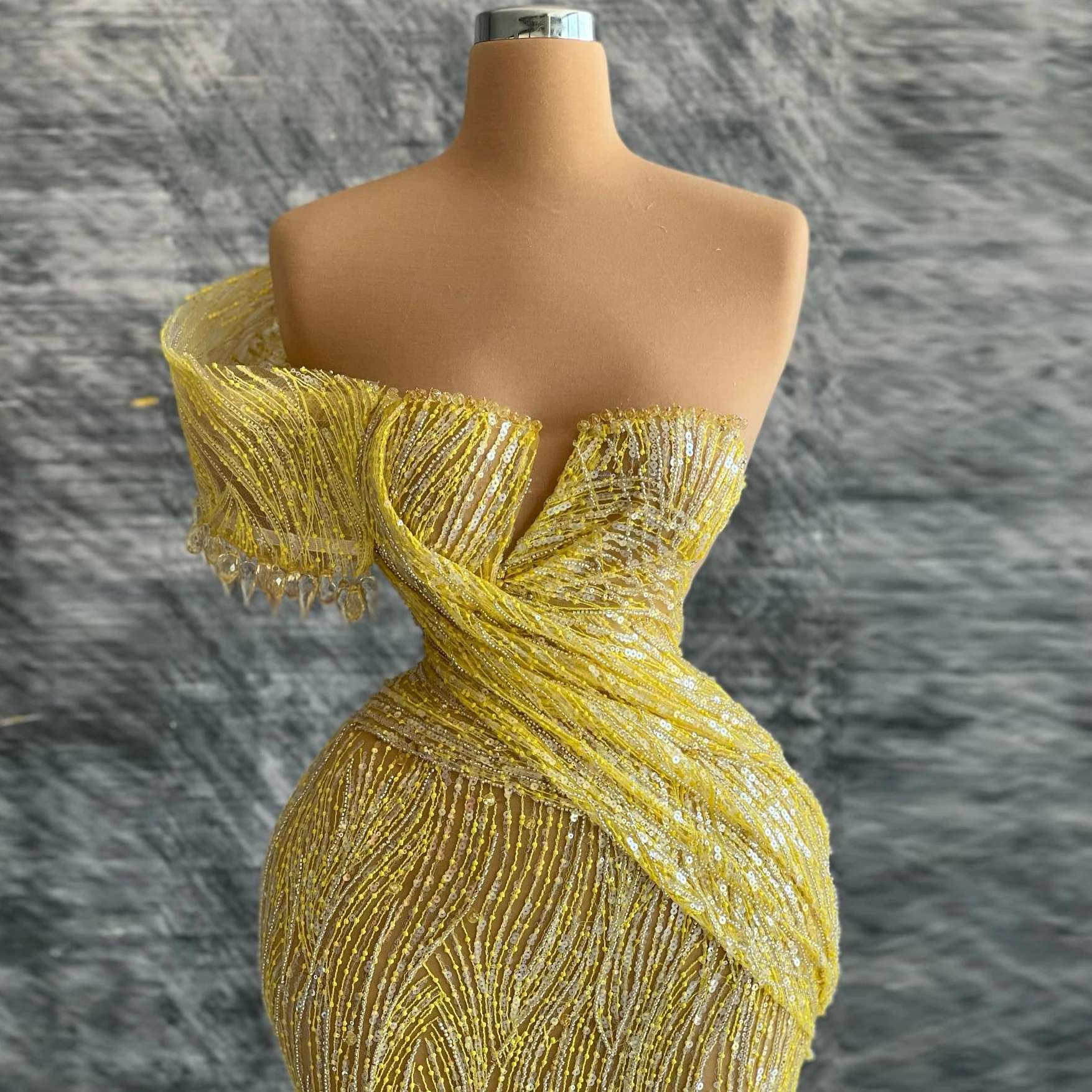 Asymmetrical shoulder cocktail evening gown with crystal pendant sequins small beads and sheer tulle bodycon skirt party dresses