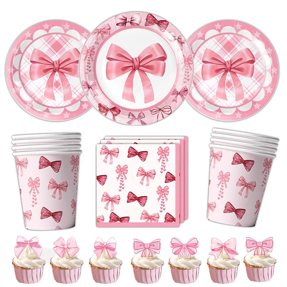 Pink Bow Theme Disposable Tableware Paper Plates Napkins Cup Cupcake Topper Girl Birthday Table Decor Baby Shower Party Supplies