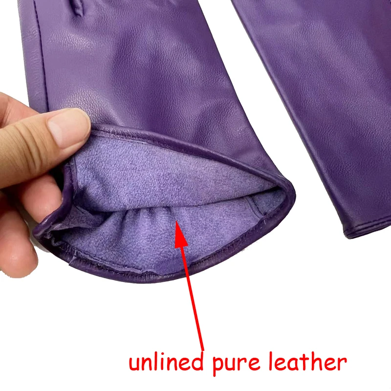 Purple Goatskin Gloves for Women Autumn Winter Vintage Ladies Real Leather Leisure Driving Outdoor Unlined Mittens Arm Warmer