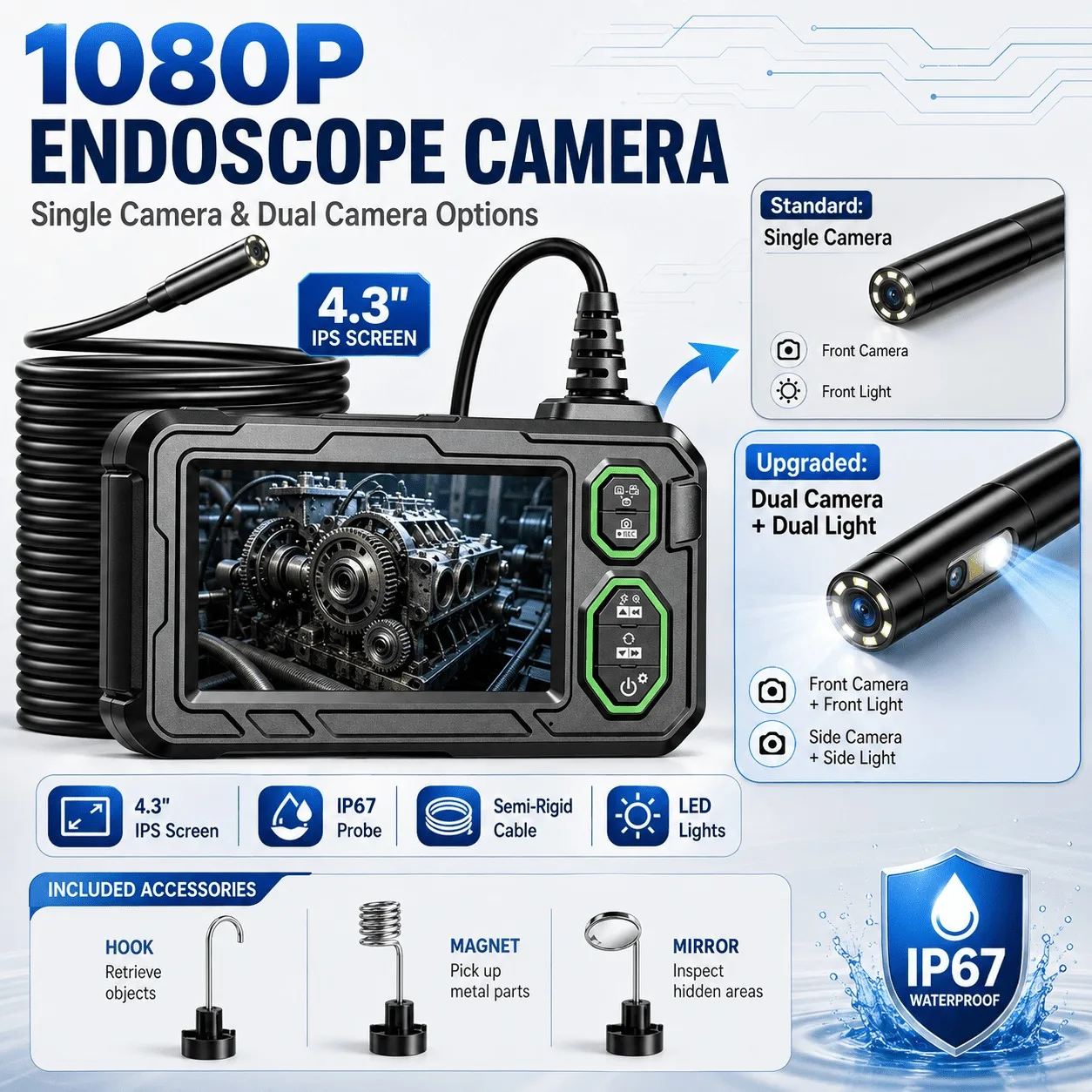 10M/33FT Long Cable Dual Camera Endoscope With 9 LED Lights, 4.3
