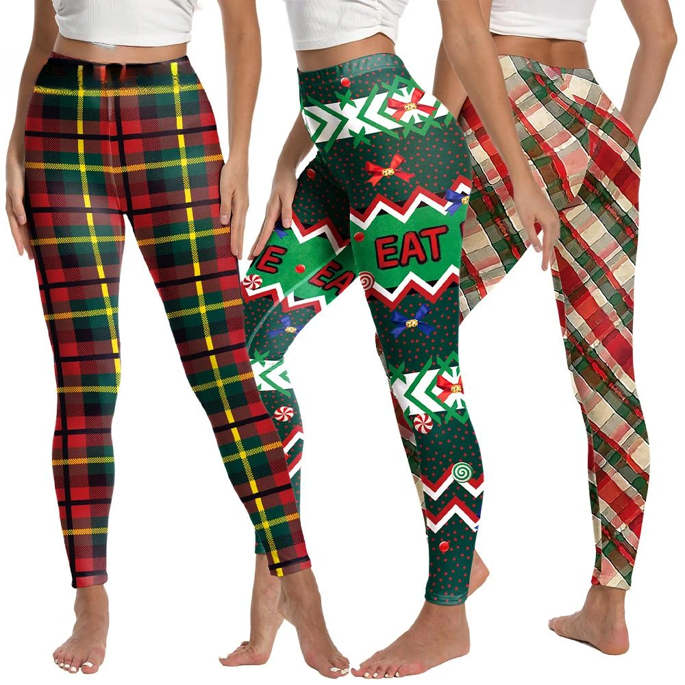 Kleurrijke geruite damesleggings 3D-print Kerstman Kerstbroek Sneeuw Kerstboombroek Meisje leggings Nieuwjaarscadeau