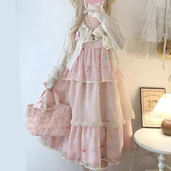 Pink Sweet Lolita Style Dress Women Kawaii Bow Embroidery Chiffon Party Mini Dresses Female Korean Fashion Print Princess Dress