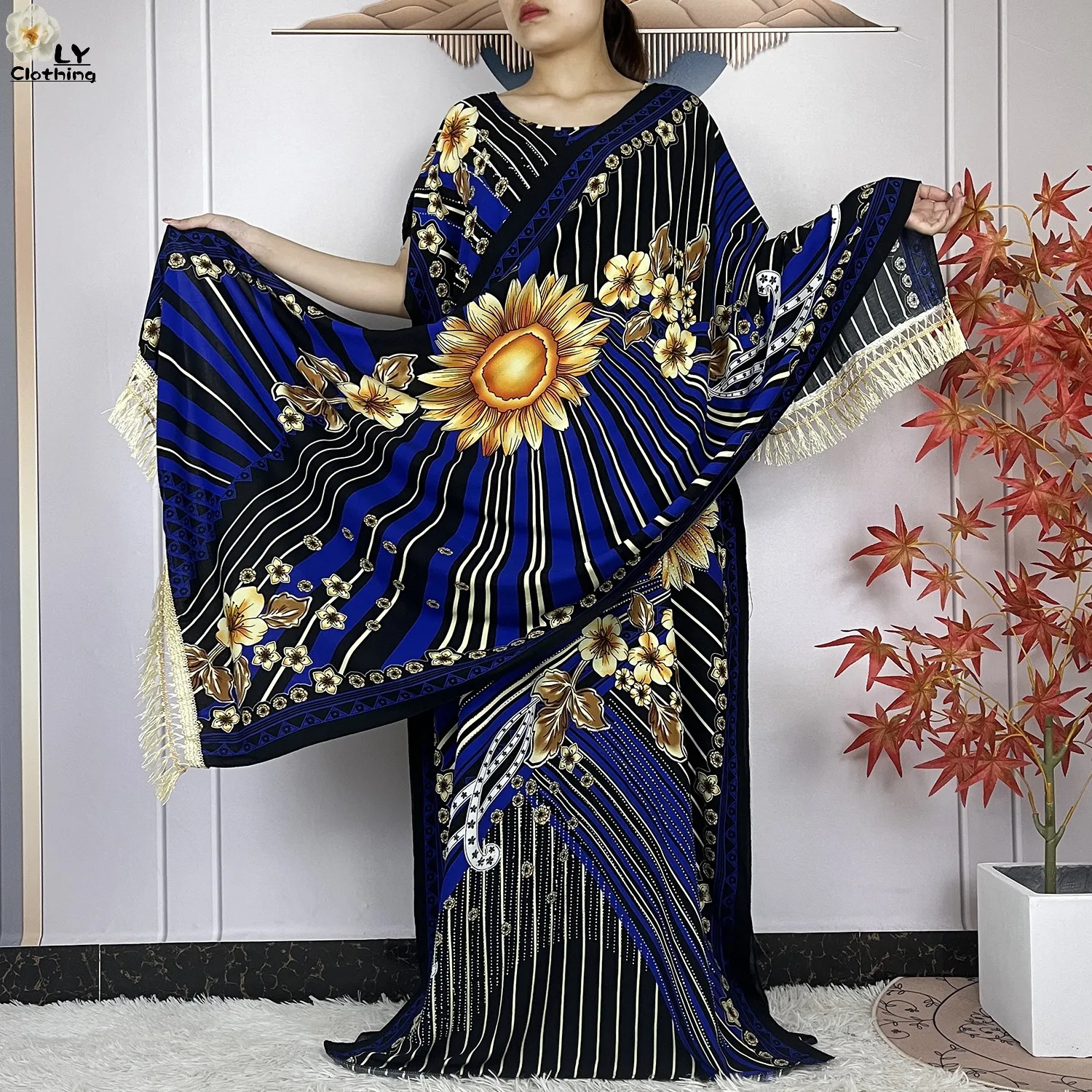 New Muslim Sets For Women Dress African Abaya Fashion Floral Print Cotton Dashiki Loose Femme Maxi Robe With Tassel Big Scarf