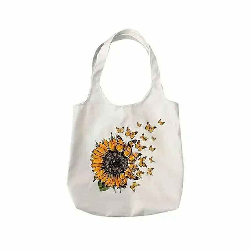 FD01 Sunflower Graphic Canvas Bags With Handles Reusable Shopping Bag