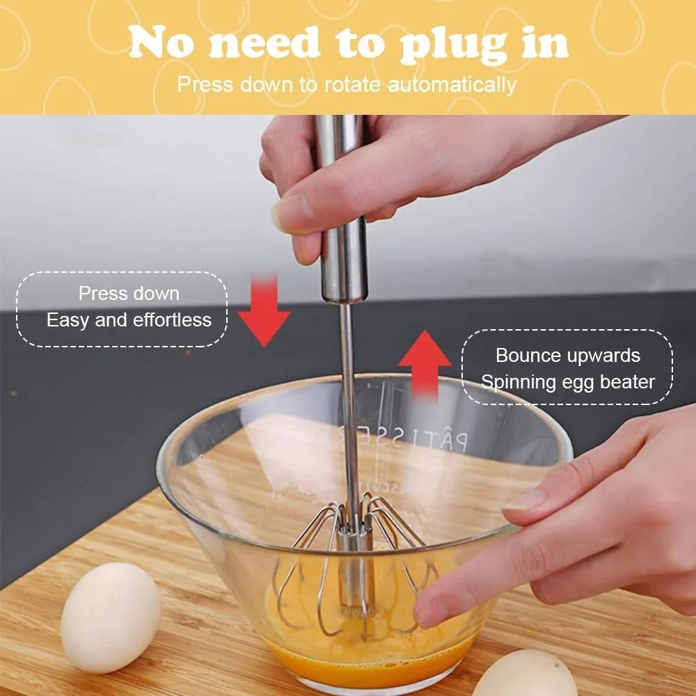 11 Inch Semi-Automatic Hand Push Rotary Whisk, Stainless Steel Egg Beater Mixer Stirrer, Manual Rotary Whisk Tool for Whipping Cream, Egg Beating and Kitchen Stirring view 2