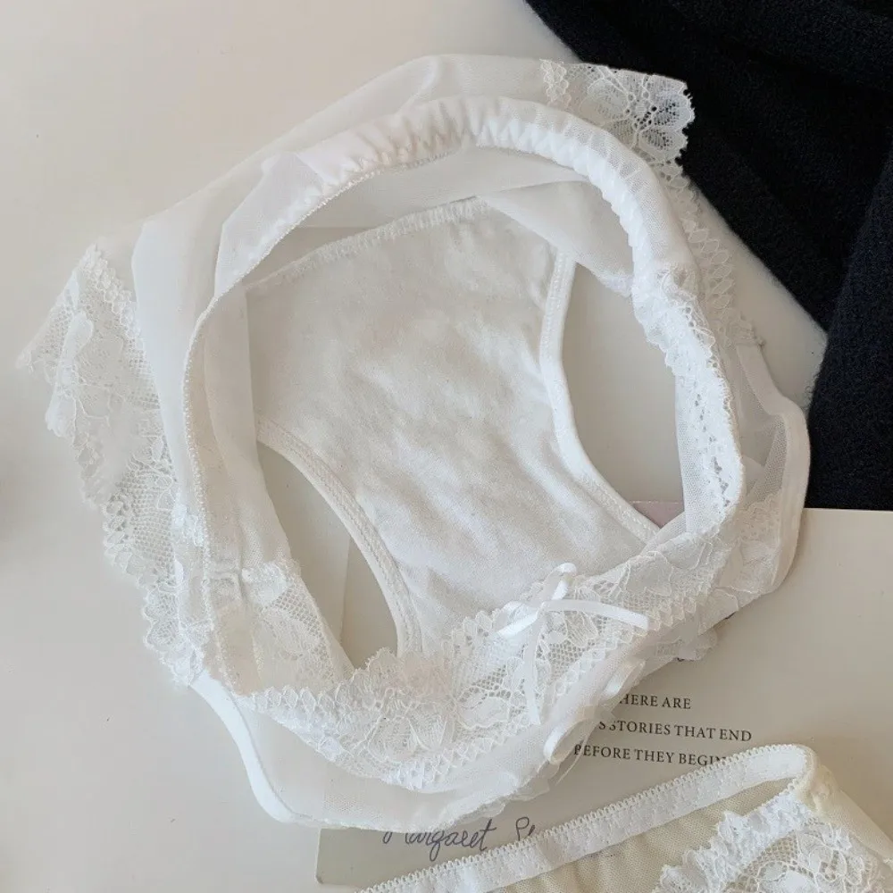 Fashion Bow Lace Flower Panties Seamless Patchwork Lace Mesh Briefs Low Waist Transparent Women Underwear Girl