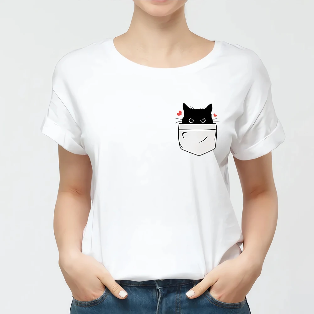 CLOOCL Fashion Animals Cotton T-Shirts Black Cat Fake Pocket Printed Pocket T-shirt Mens Women Short Sleeve Shirts Hip Pop Tops