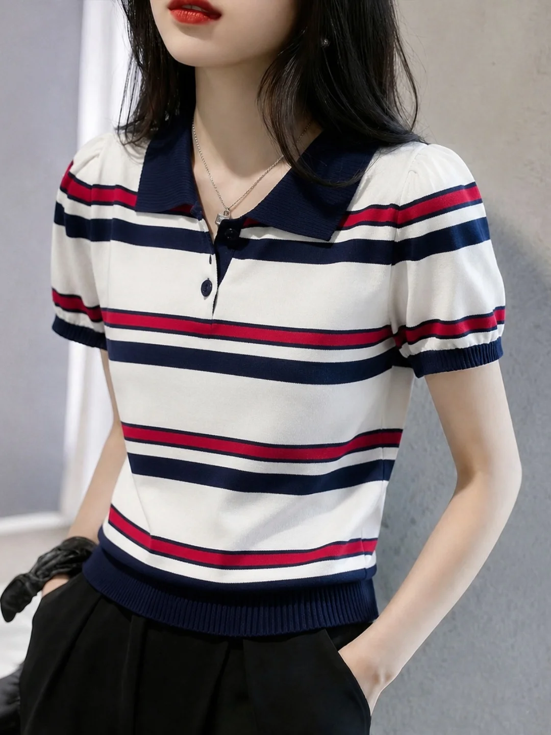 

Korean Style Neck Knitwear Short Sleeve Striped Color Block Design Summer Slimming Fashionable Anti-Aging Women's Top