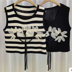 Summer Fashion Chic Flower Knitted Vest Women Round Neck Sleeveless Striped Tank Top