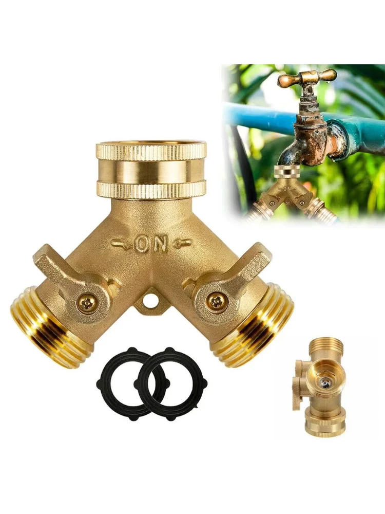 Brass 2 Way Garden Hose Splitter 3/4 inch Y-Type Watering Connector Garden Tap For Outdoor Faucet