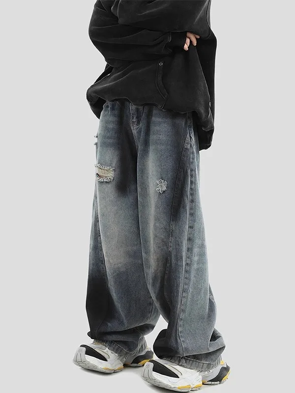

Street Sle Splatter Denim Jeans Men's Ripped Vintage American Retro Deconstructed Straight Loose Wide Leg Long Trousers