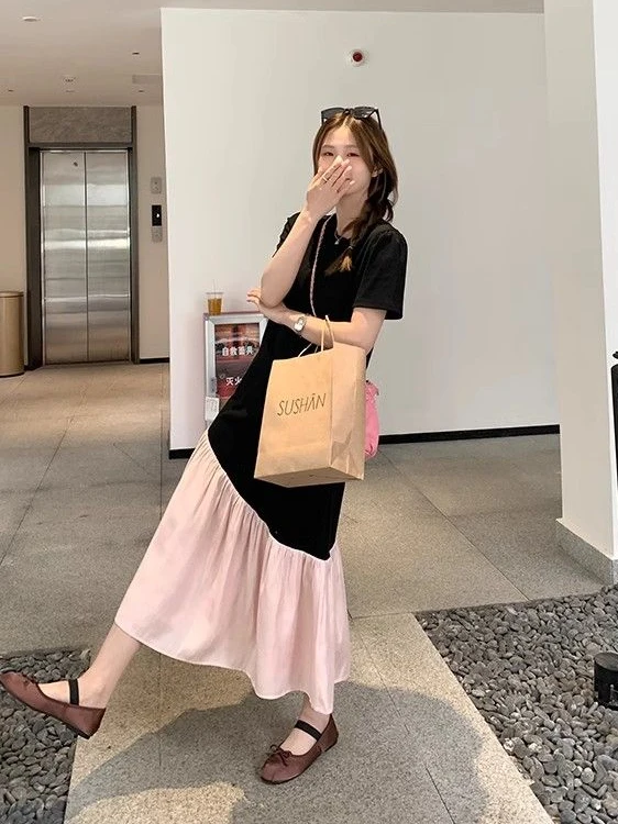 Irregular Color Block Short Sleeve Women's Dress Loose Fit round Neck T-Shirt Long Dress New Style Neutral Style Lace Shirt