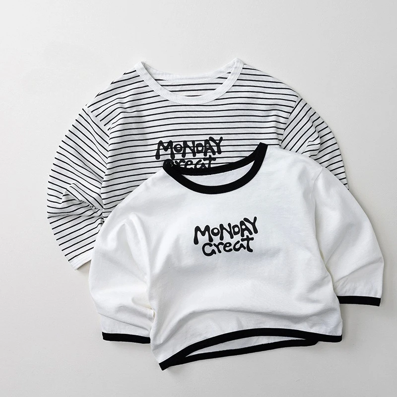 2026 Spring New Children Long Sleeve T-shirts Baby Letter Print Tops Boys Girls Striped Shirt Kids Cotton Tees Toddler Clothes