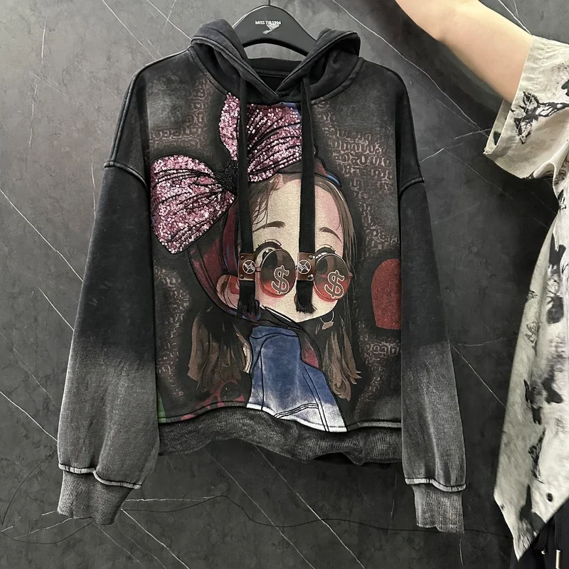 Autumn Winter Heavy Industry Cartoon Printed Sequins Little Girl Fleece Thickened Hooded Sweatshirts Women's Popular Loose Top