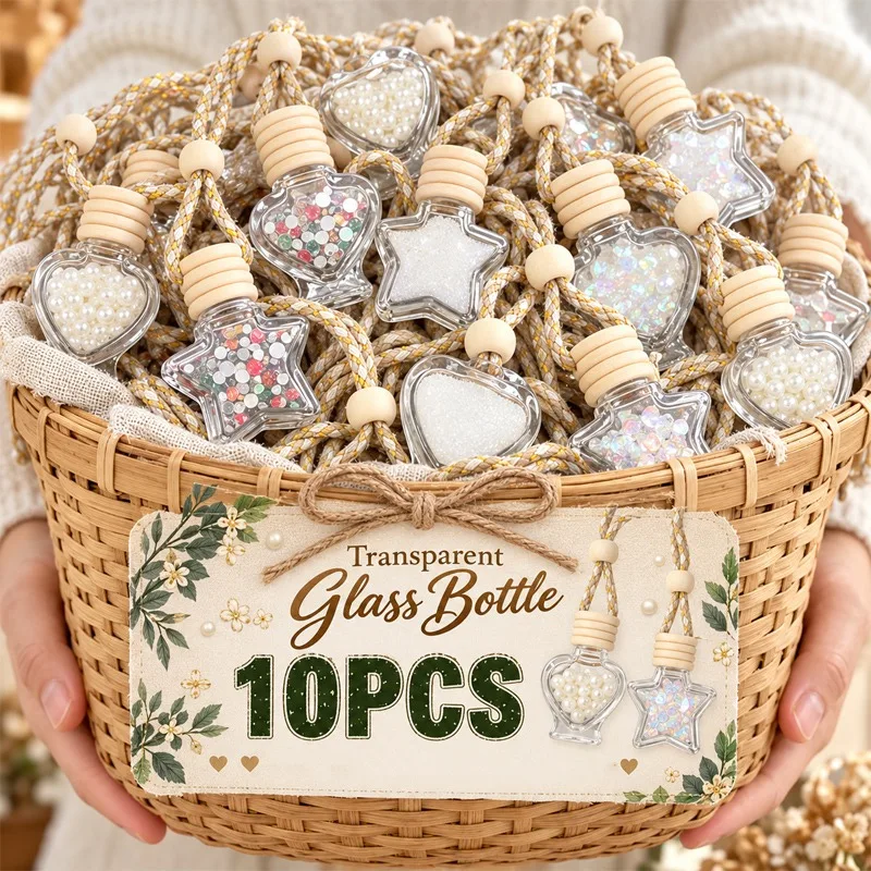 Transparent Glass Bottle with Wood Cover Star Heart Hanging Ornament Empty Bottle Diffuser Aromatherapy Bottles Home Decoration