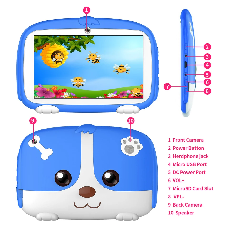 Tablet Android 2024 7 inci 9.0 mAh, ROM RAM64GB 4GB Tablet perlindungan Wifi tab belajar pendidikan perangkat lunak game anak 4000