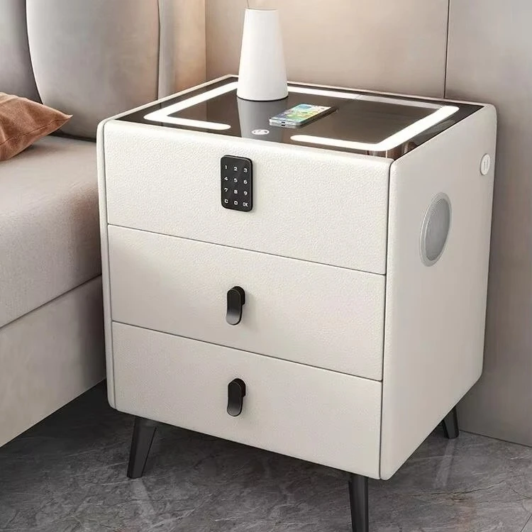 Modern  Three-Drawer Bedside Table With Smart Wireless Charging Solid Wood Multifunctional Bedroom er for Hotels