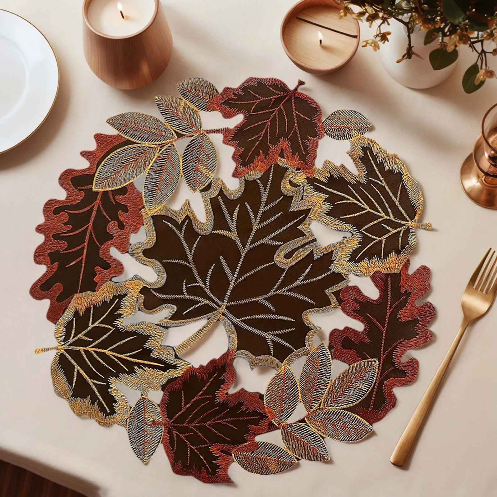1/2Pcs Embroidered Maple Leaf Round Doily Placemats with Lace Fall Thanksgiving Maple Leaf Hollow Table Runner for Party Dining