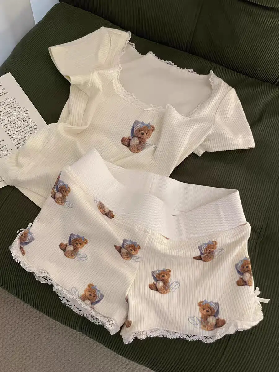 

Милый комплект из спортивного белья с кружевной отделкой, женские летние брюки ort Sve ort, домашняя одежда с накладкой на грудь, милая домашняя одежда