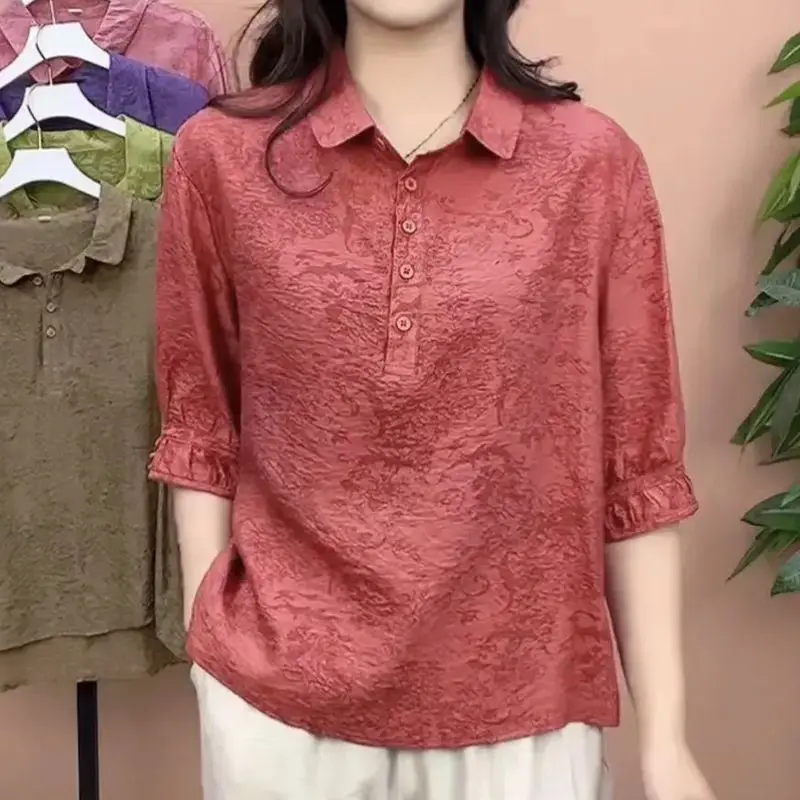 Chinese Style Summer Women Jacquard Pure Cotton Lapel Collar Shirt Vintage Middle Sleeve Thin Style Large Size Multicolor Tops