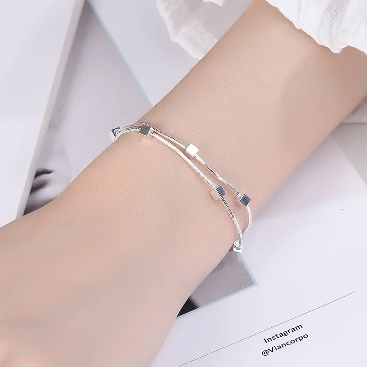 

925 Sterling Silver Classic Square Chain Bracelets Fashion Lady Cute Jewelry Wedding Accessories Party Christmas Gifts