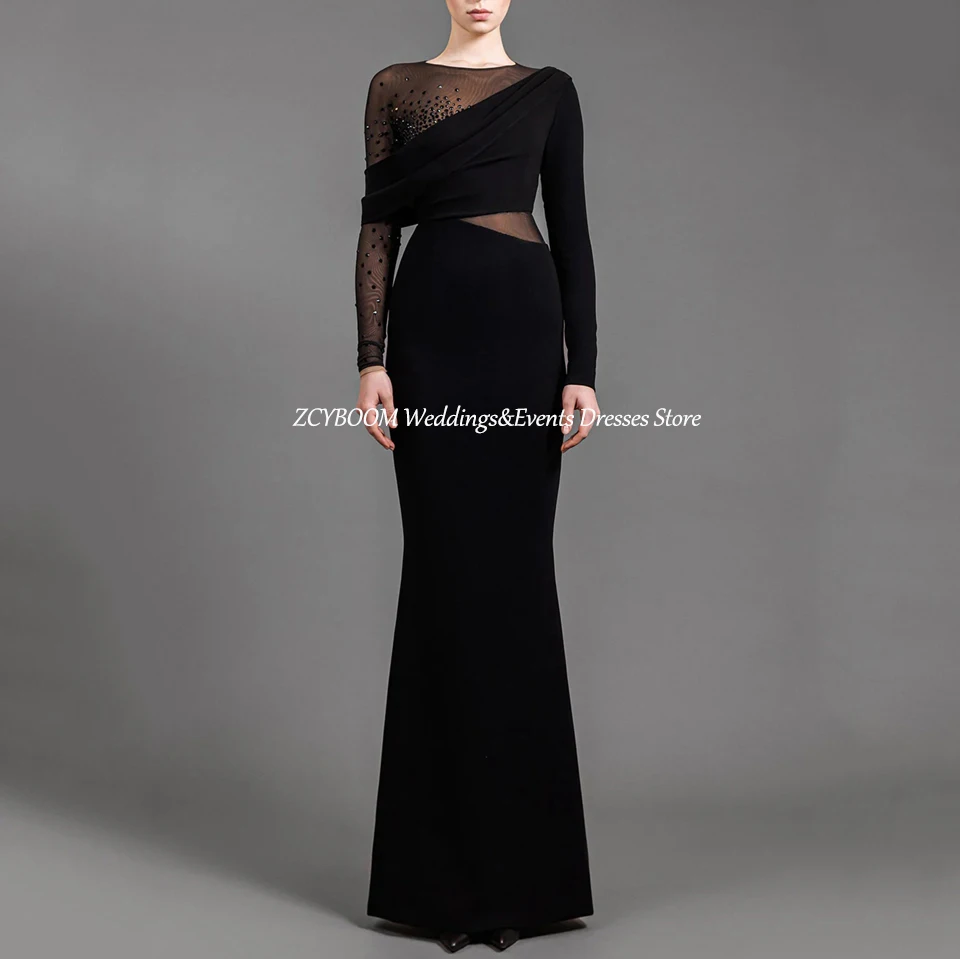 Customized Black Rhinestone Long Sleeves Evening Dress 2024 Mermaid Floor Length Velvet Zipper Custom Made Prom Dress For Women