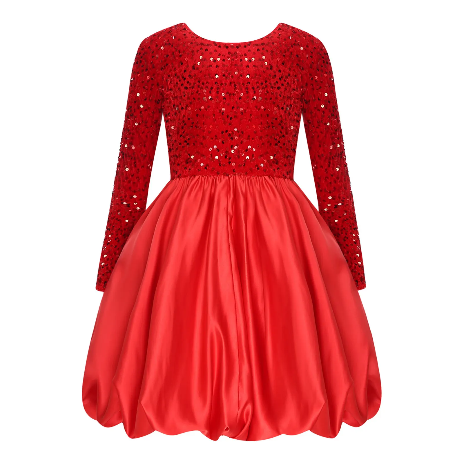 فستان حفلات عيد الميلاد للفتيات الصغيرات مزين بالترتر اللامع وأكمام طويلة من المخمل بحاشية ساتيني فستان لحفلات رأس السنة الجديدة والولائم