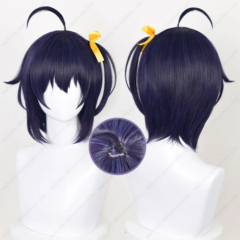 Peluca de Cosplay Anime Takanashi Rikka, pelo sintético resistente al calor, azul y morado, 30cm