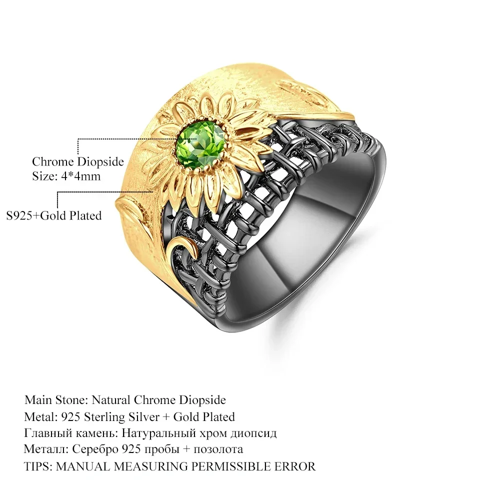 GEM'S BALLET 925 Sterling Silver Natural Chrome Diopside Gemstones Fine Jewelry Handmade chrysanthemum Rings for Women Wedding