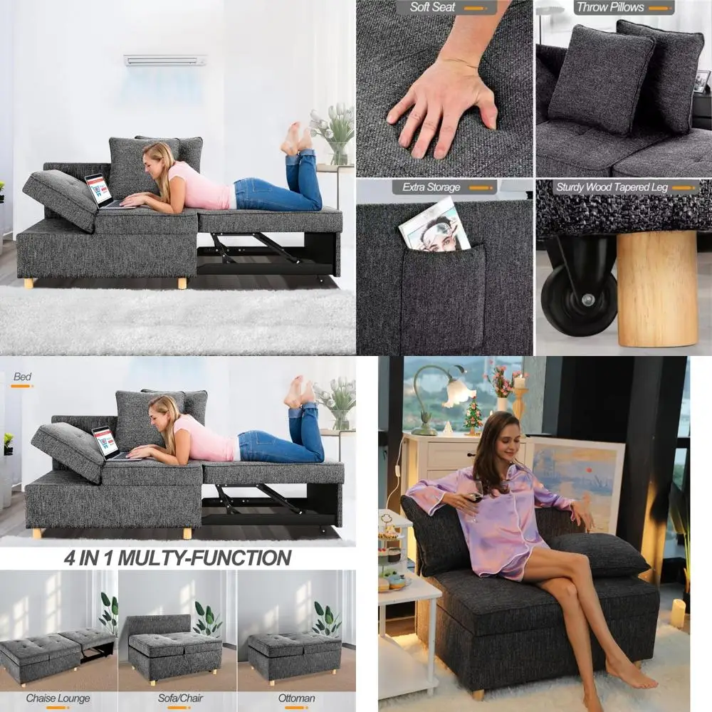أريكة سرير من الكتان قابلة للتحويل بثلاثة مقاعد مع وسادتين رمي وكرسي فردي للمساحات الصغيرة #1