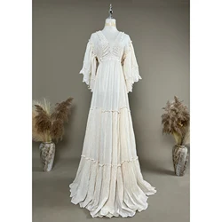 Don&Judy Boho Cotton Maternity Dress Photo Shoot Deep V-neck Batwing Sleeves Wedding Gown Vintage Pregnancy Photography Dresses