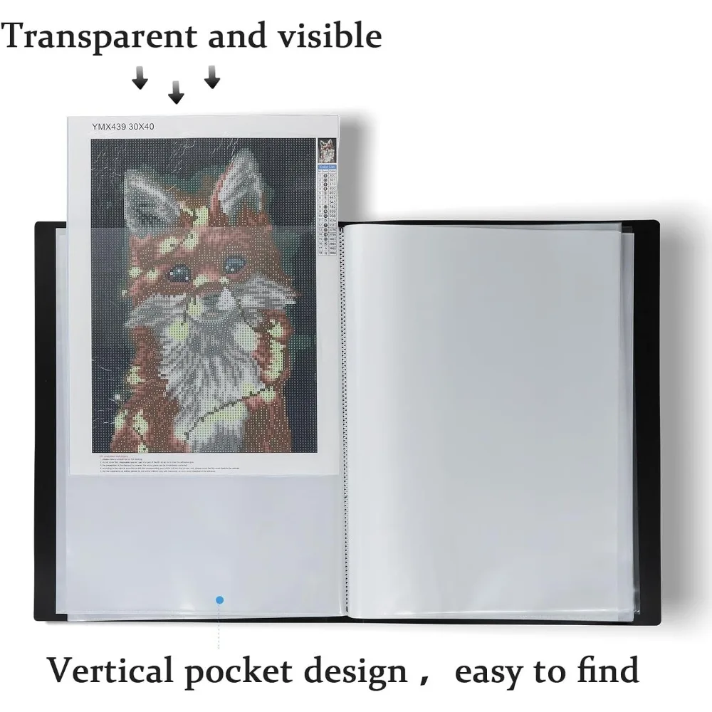 A3 Art Portfolios Case 40 Pages,Marble Black Diamond Painting Storage Book,Pocket Protector with Index Stickers,Clear Portfolio